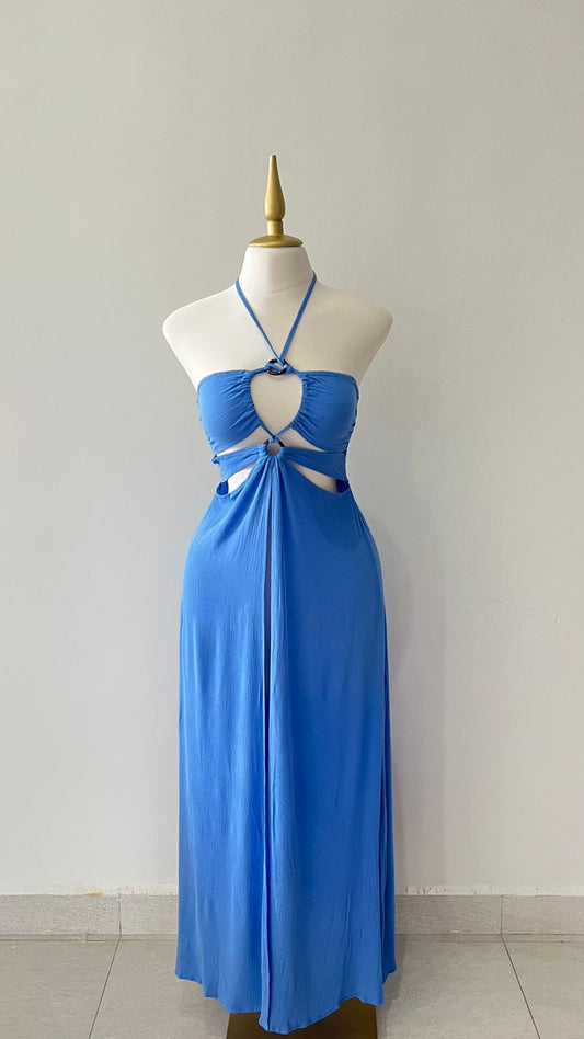 Vestido azul largo con corte en medio
